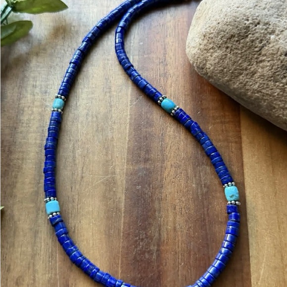 Sterling Silver Heishi Lapis Turquoise Bead Necklace. 18 inch. Gift - Picture 10 of 12